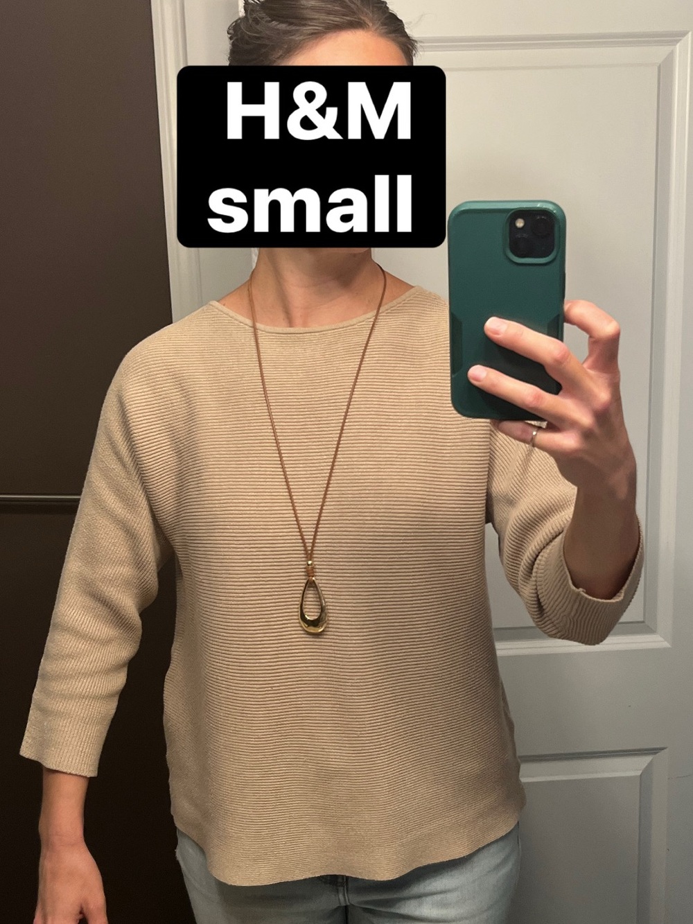 H&M Neutral Beige Tan Ribbed boatneck Sweater. Women's small. Dolman 3/4 sleeve